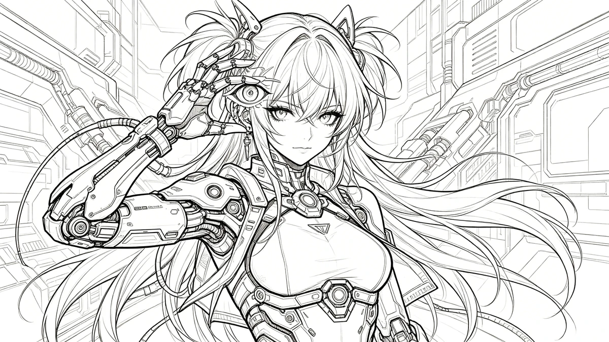 赛博朋克少女线稿完成前示例