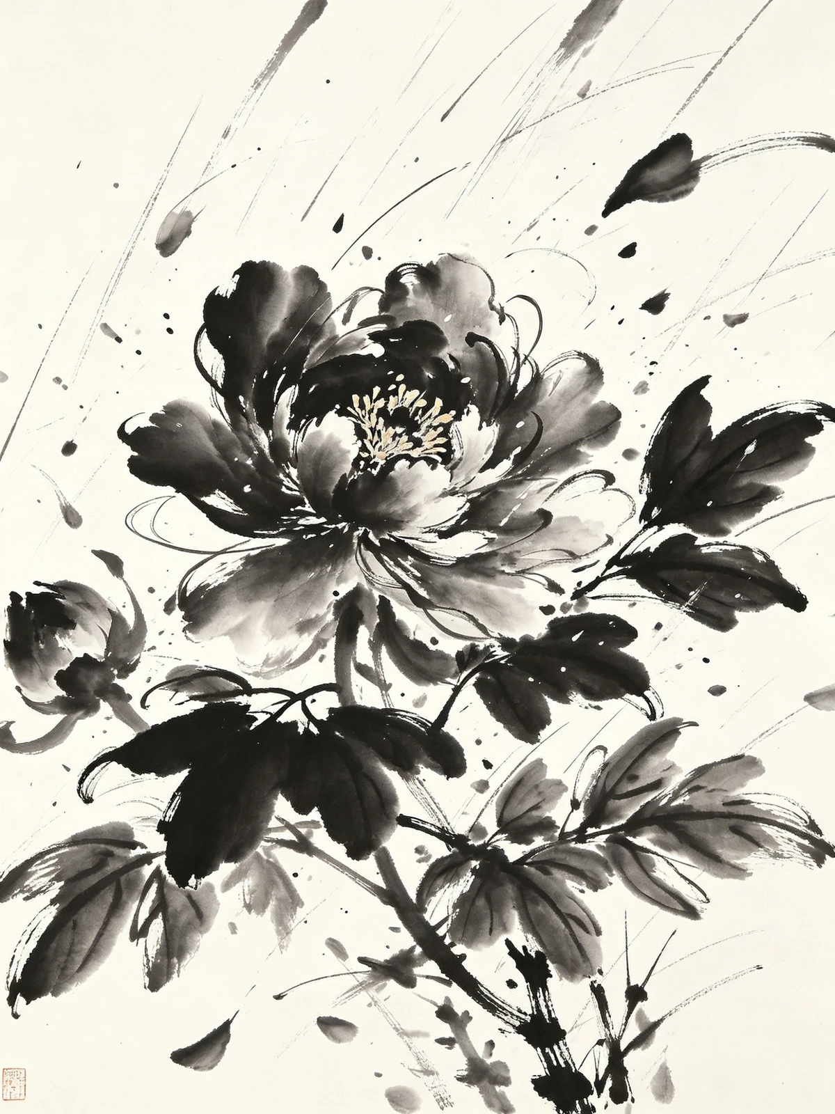 写意水墨牡丹线稿示例1